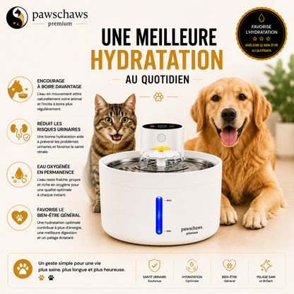 Chat et chien profitant d'une meilleure hydratation grâce à la fontaine à eau intelligente PawsChaws.
