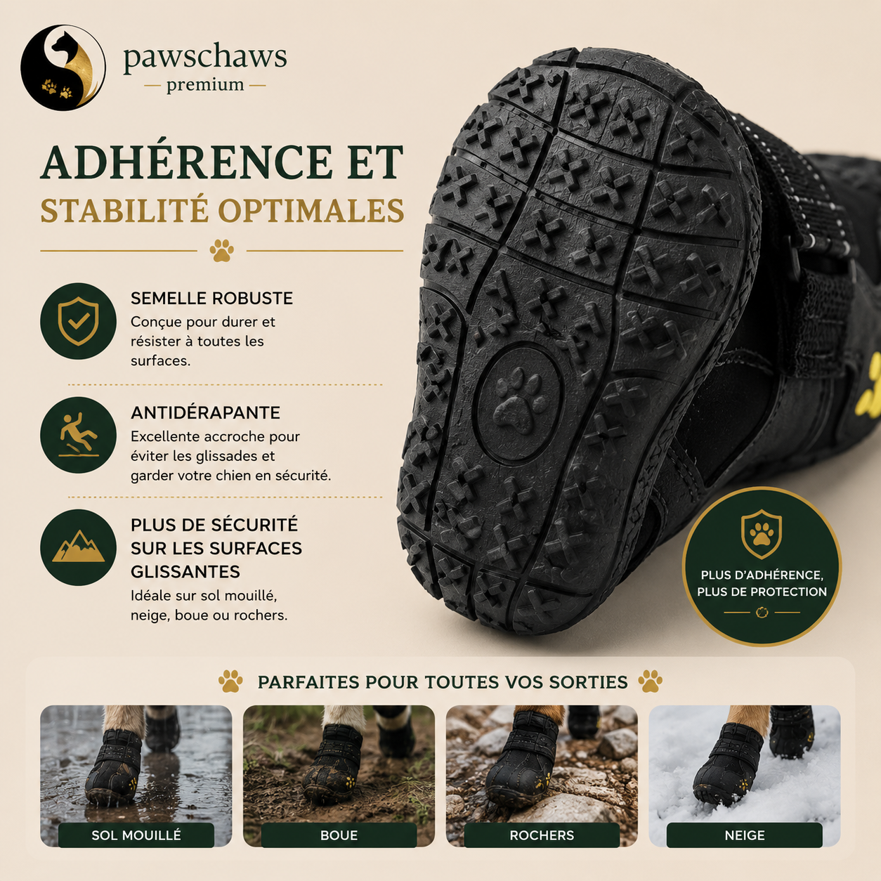 Semelle antidérapante des chaussures Pawschaws offrant adhérence et stabilité sur tous les terrains.