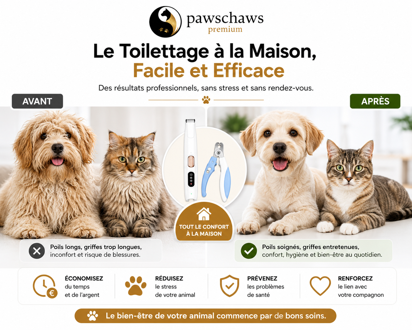 Comparaison avant après du kit de toilettage Pawschaws Premium pour chiens et chats à domicile