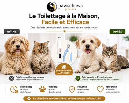Comparaison avant après du kit de toilettage Pawschaws Premium pour chiens et chats à domicile