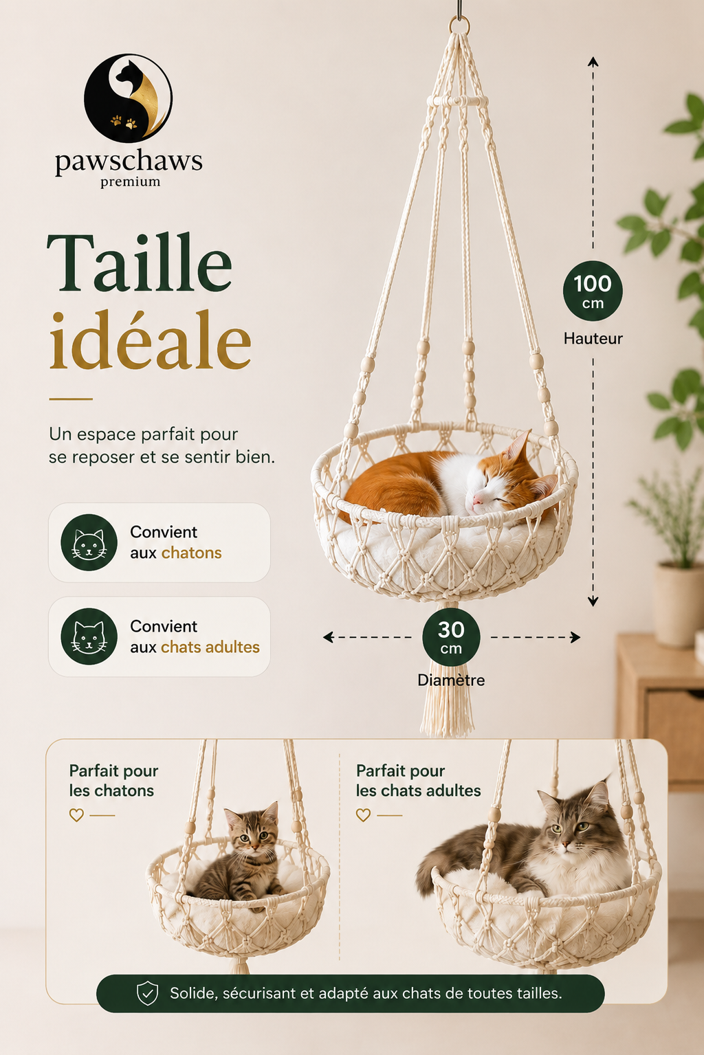 Dimensions du hamac suspendu pour chat avec espace confortable adapté aux chats de différentes tailles.
