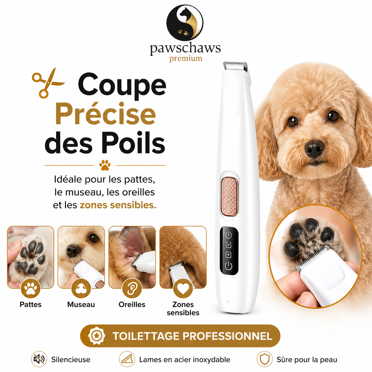 Tondeuse de précision Pawschaws Premium pour couper les poils des chiens et chats sur les zones sensibles
