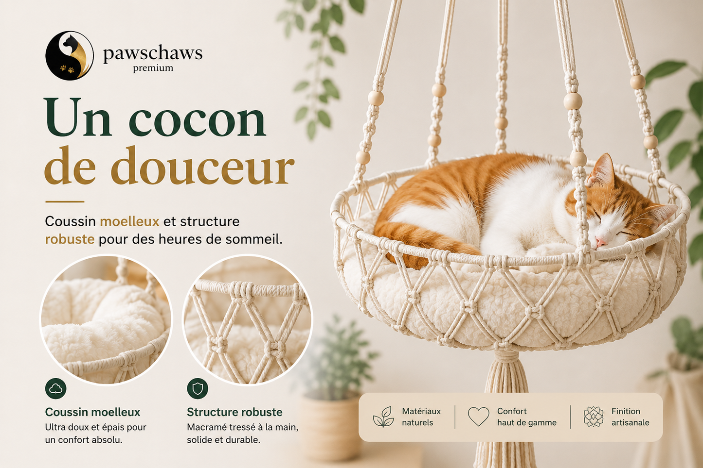 Hamac suspendu moelleux pour chat avec coussin épais et tressage artisanal en macramé.