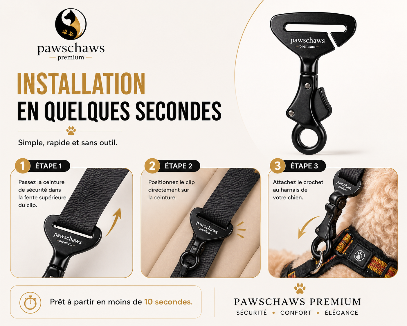 Utilisation du clip Pawschaws Premium sur une ceinture de sécurité de voiture pour chien