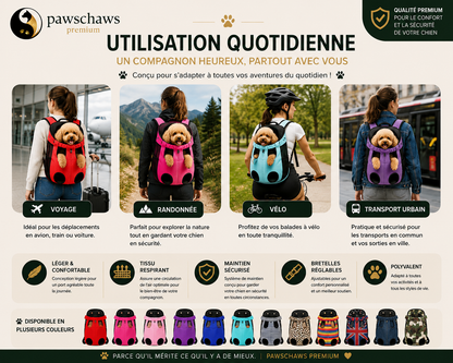 Exemples d'utilisation du sac à dos Pawschaws pour les promenades, randonnées et voyages