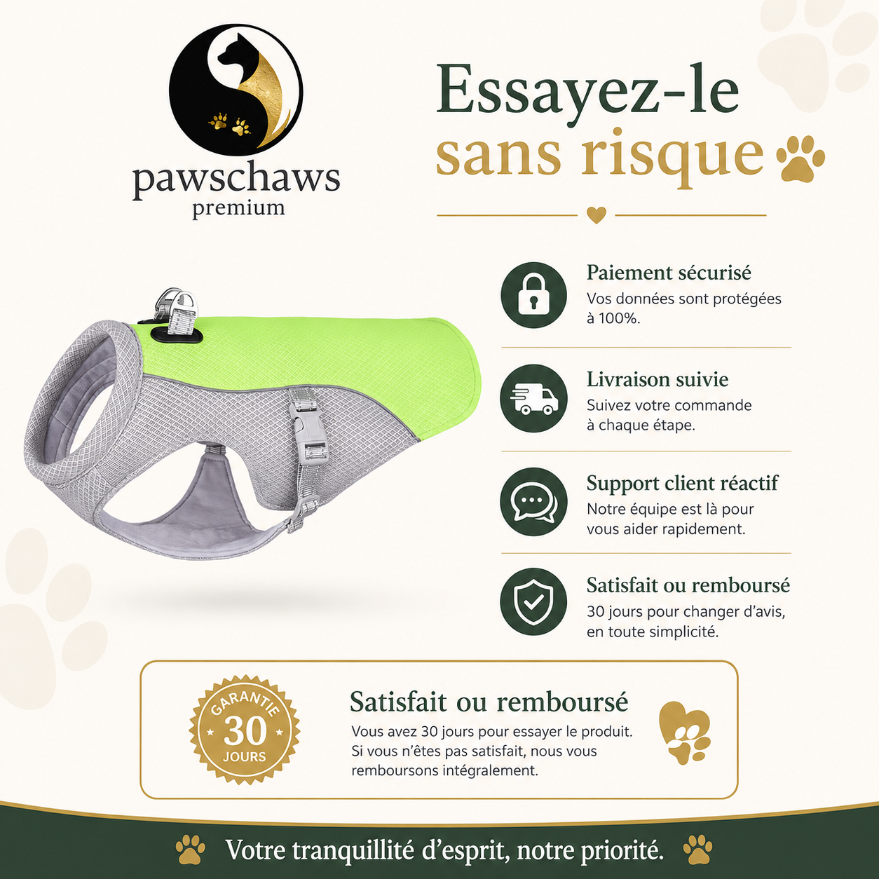 Utilisation simple du gilet rafraîchissant : tremper dans l'eau, essorer puis enfiler au chien.