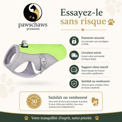 Utilisation simple du gilet rafraîchissant : tremper dans l'eau, essorer puis enfiler au chien.