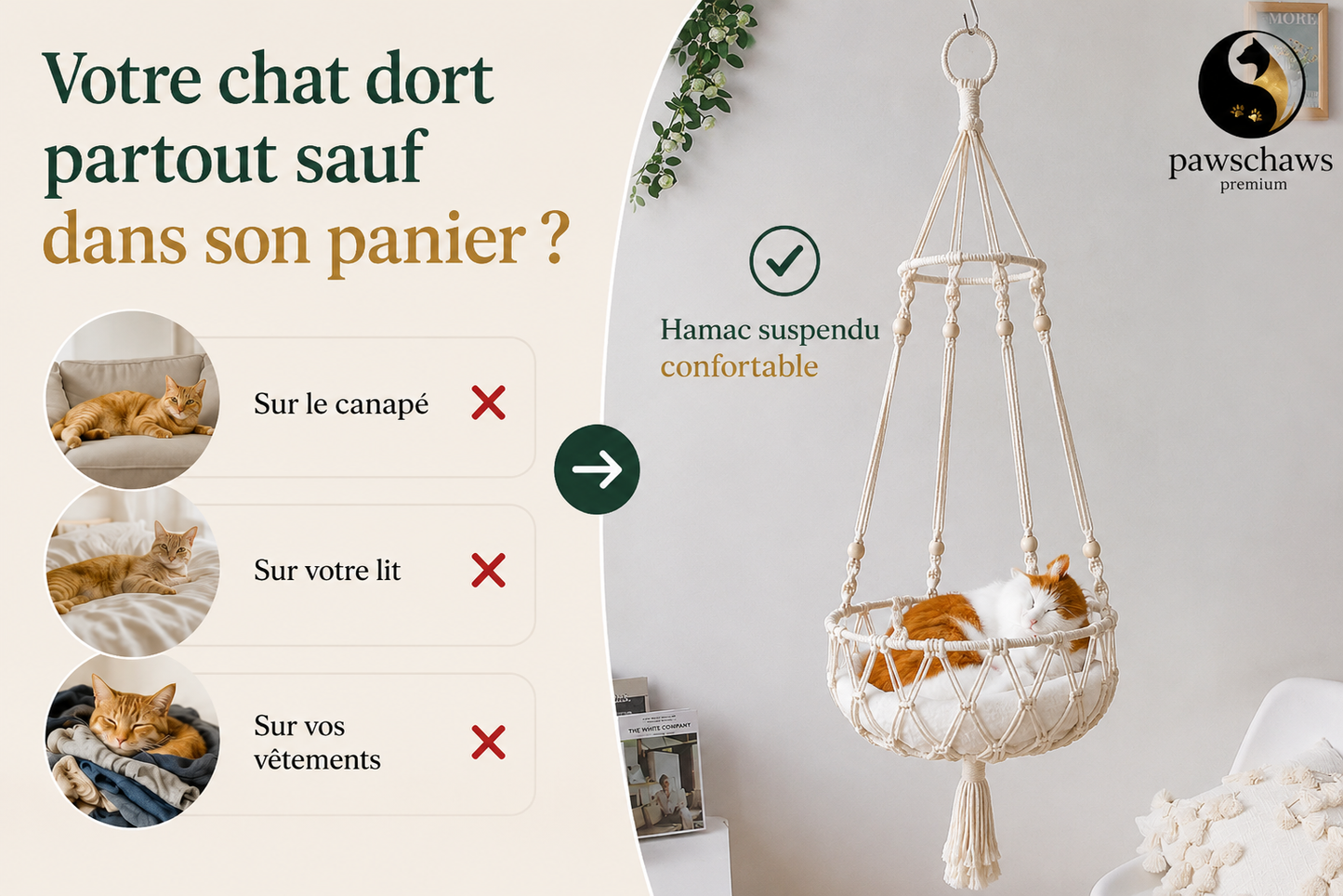 Hamac suspendu pour chat offrant un espace confortable, sécurisé et relaxant pour les siestes quotidiennes.